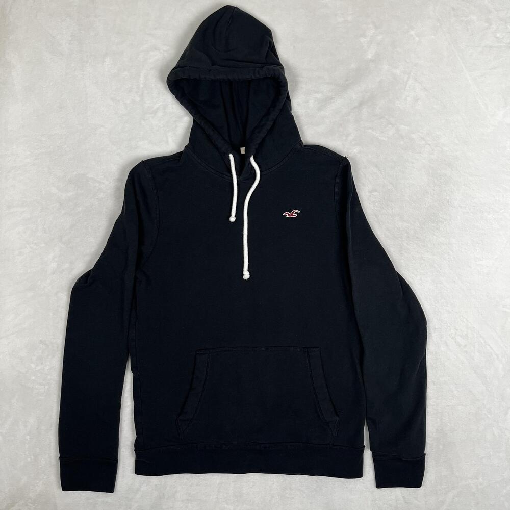 Hollister Hoodie Size Medium Black Fleece Pullover Sweatshirt Chest Logo Y2K